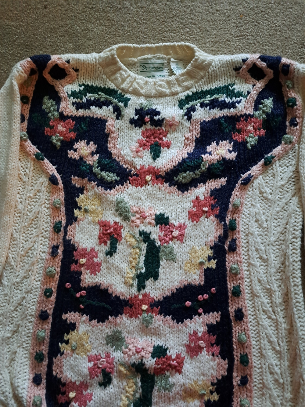 Cream Floral Embroidered Crewneck Sweater by Shetland